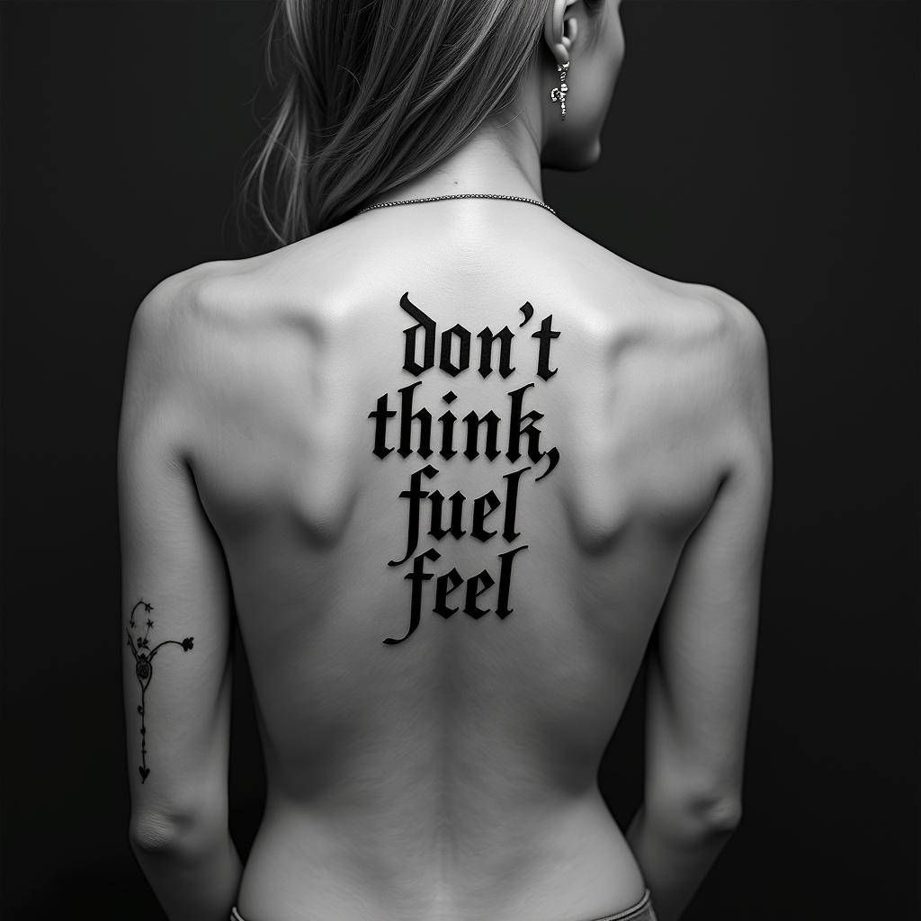 Don,t Think,Feeltext-based tattoo, gothic font ultra-realistic, perfectly placed, high-quality font design, photo-realistic shading, 8k, high quality, finely detailed typography - Variation 5