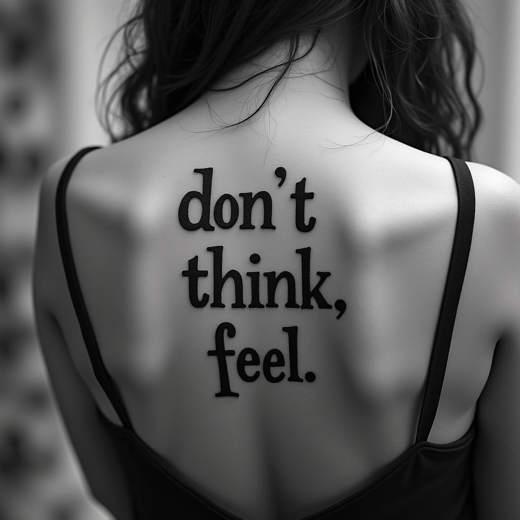 Don,t Think,Feeltext-based tattoo, gothic font ultra-realistic, perfectly placed, high-quality font design, photo-realistic shading, 8k, high quality, finely detailed typography - Variation 8