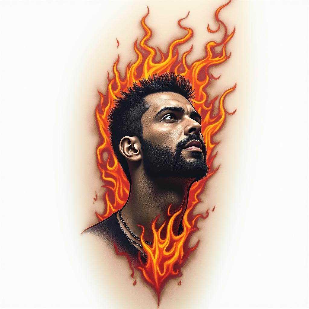 Vitor, 19 years old, Juazeiro do Norte CEin flame tattoo style showcasing fiery elements with dynamic flame patterns, glowing effect of flames, natural colors