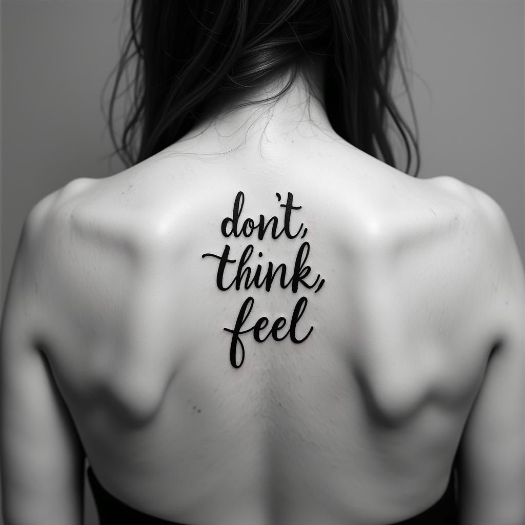 Don,t Think,Feelminimalist text-based tattoo, Monospace font ultra-realistic, perfectly placed, high-quality font design, photo-realistic shading, 8k, high quality, finely detailed typograph - Variation 14