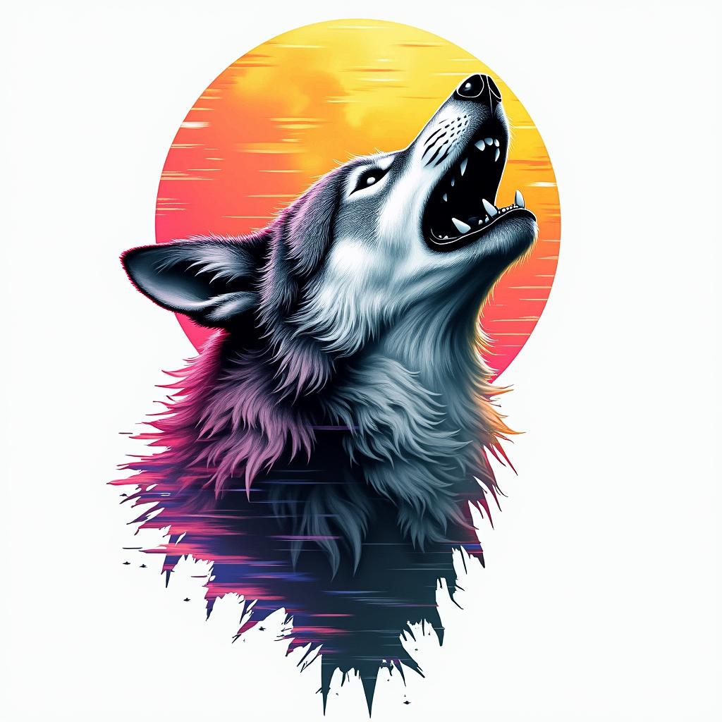 Howling wolf under a full moonin distorted and fragmented tattoo design, featuring a classical statue bust, in a glitch art style with vibrant, overlapping colors of cyan, magenta, and yellow, creating a digital distortion effect - Variation 3
