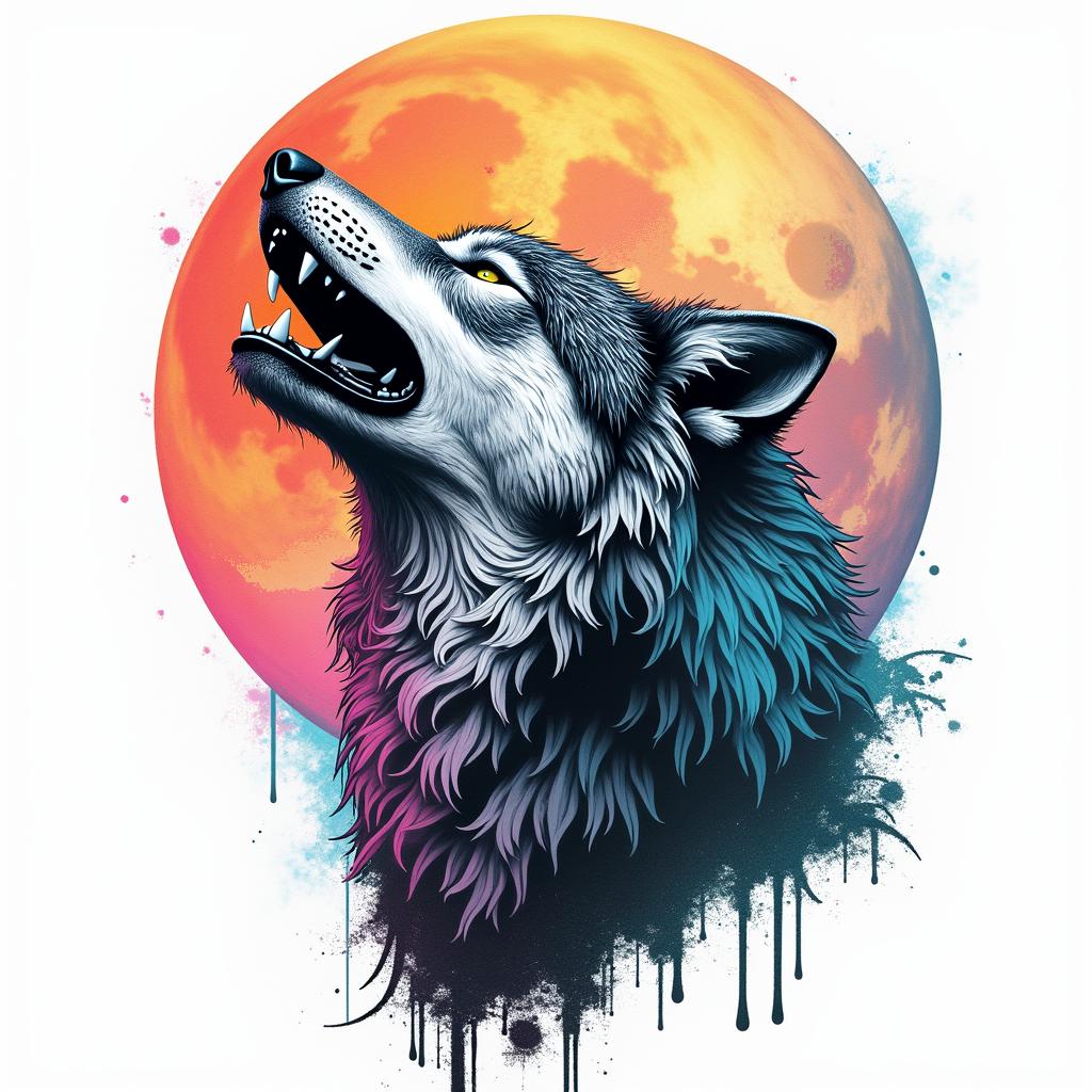 Howling wolf under a full moonin distorted and fragmented tattoo design, featuring a classical statue bust, in a glitch art style with vibrant, overlapping colors of cyan, magenta, and yellow, creating a digital distortion effect - Variation 4