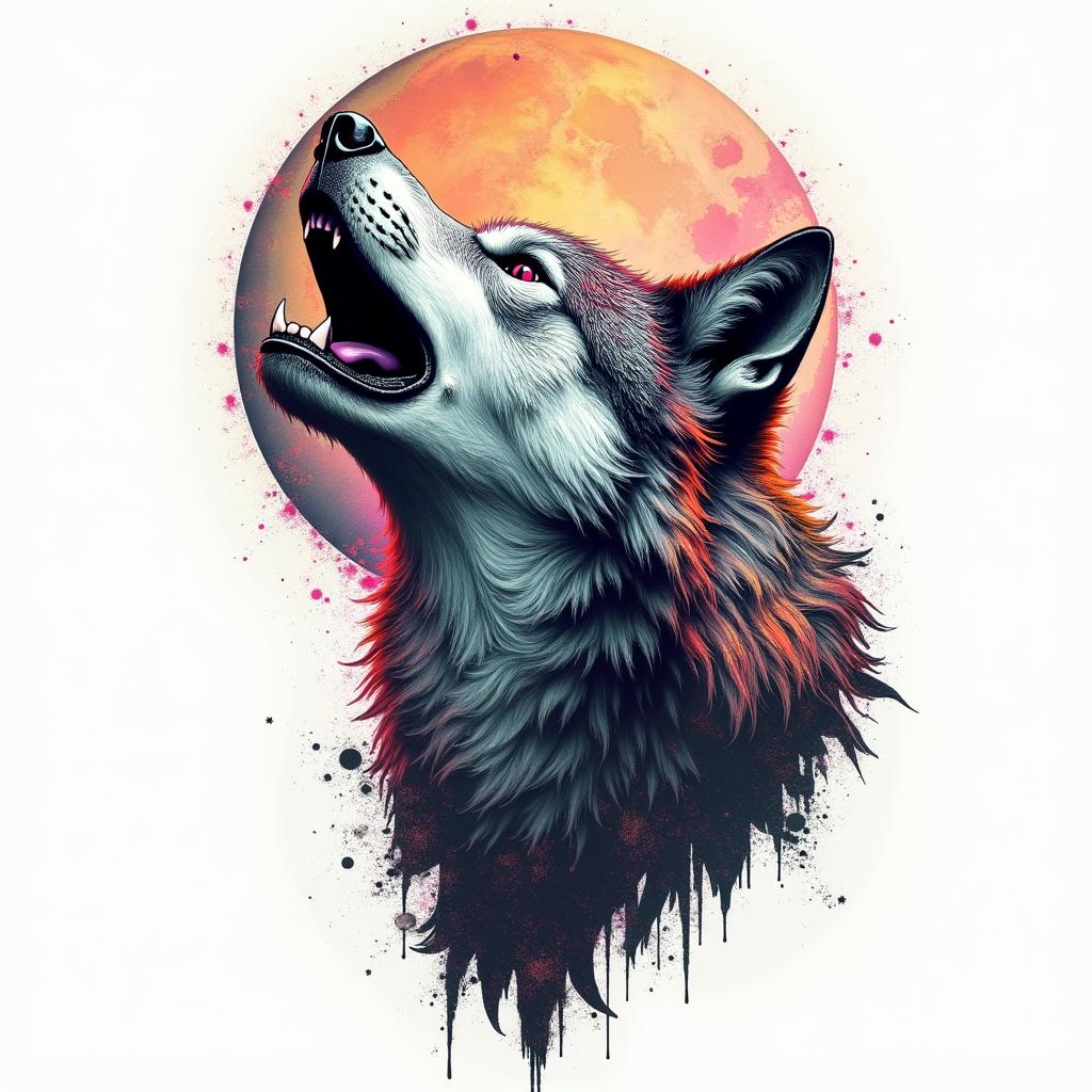 Howling wolf under a full moonin distorted and fragmented tattoo design, featuring a classical statue bust, in a glitch art style with vibrant, overlapping colors of cyan, magenta, and yellow, creating a digital distortion effect