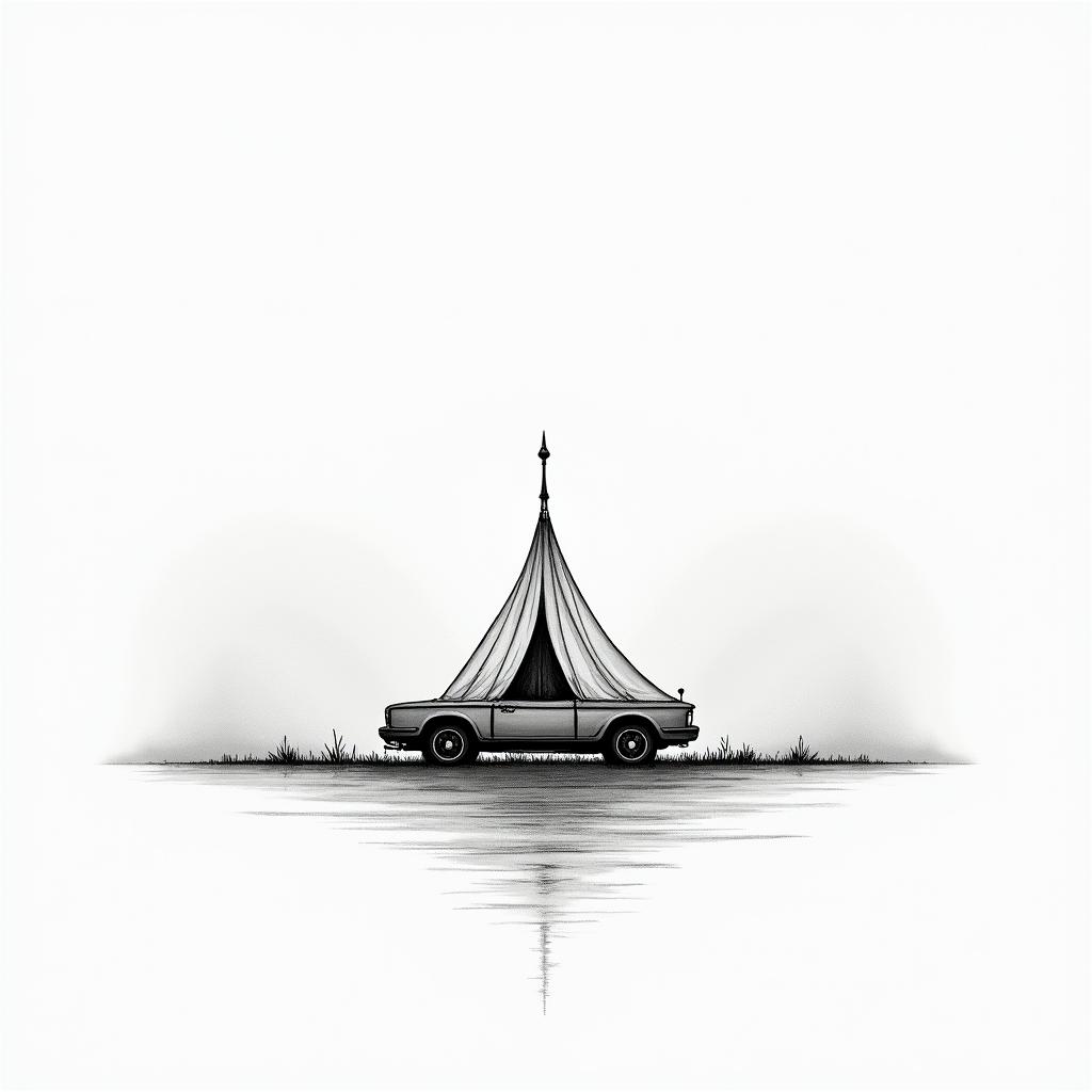 Rooftop tent on car, lake in the background.in minimalist style tattoo, featuring simple shapes and fine lines, with minimal shading and details, tiny triangles, creating a sense of balance and harmony