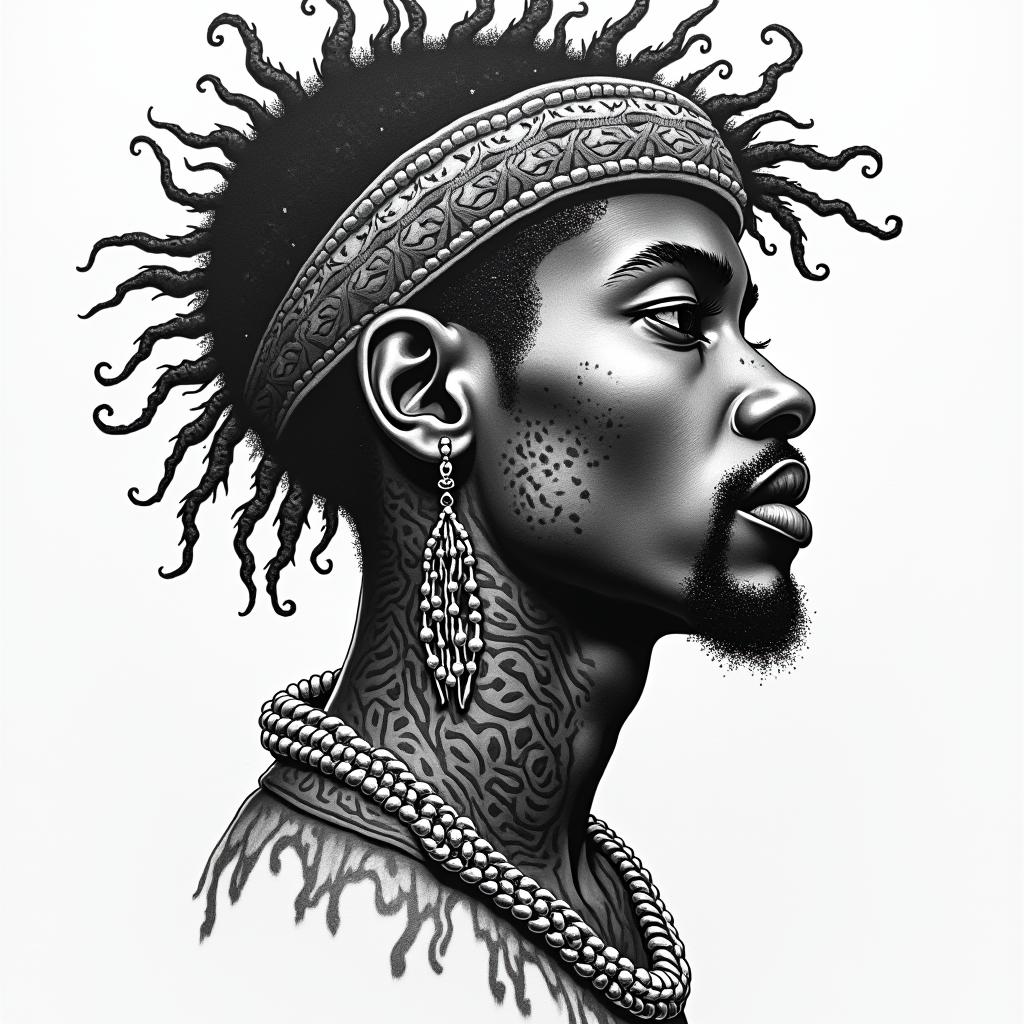 Black culture muralin authentic tattoo style, incorporating traditional modifications, bold black outlines, solid color fills, featuring classic authentic elements