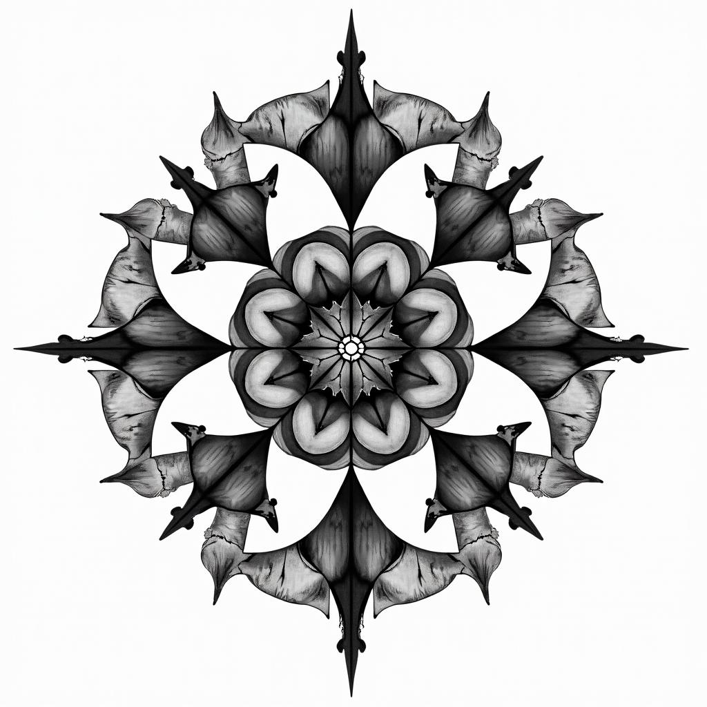 Earth wind air fire space time in geometric style tattoo, blending hexagons, mandala-inspired patterns, symmetrical and fractal design, clean lines, sharp angles