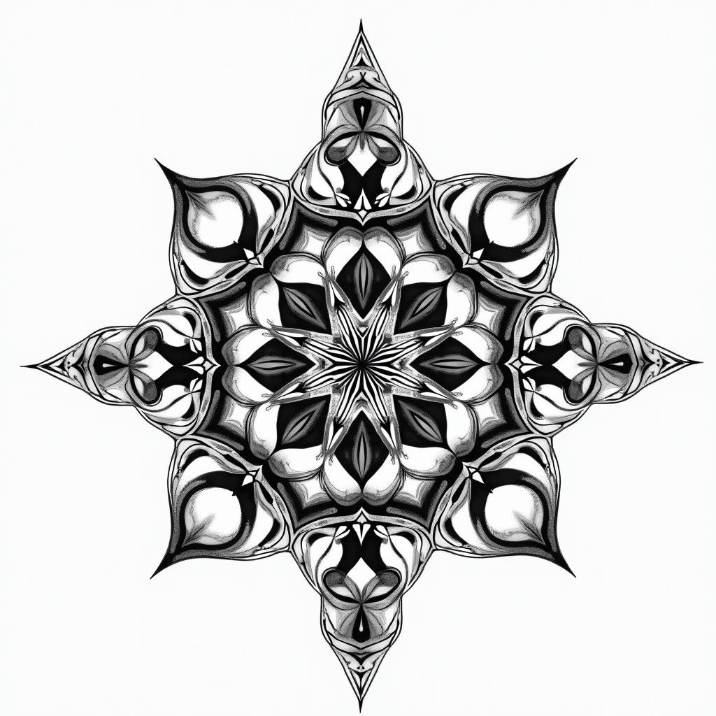 Earth wind air fire space time in geometric style tattoo, blending hexagons, mandala-inspired patterns, symmetrical and fractal design, clean lines, sharp angles - Variation 2