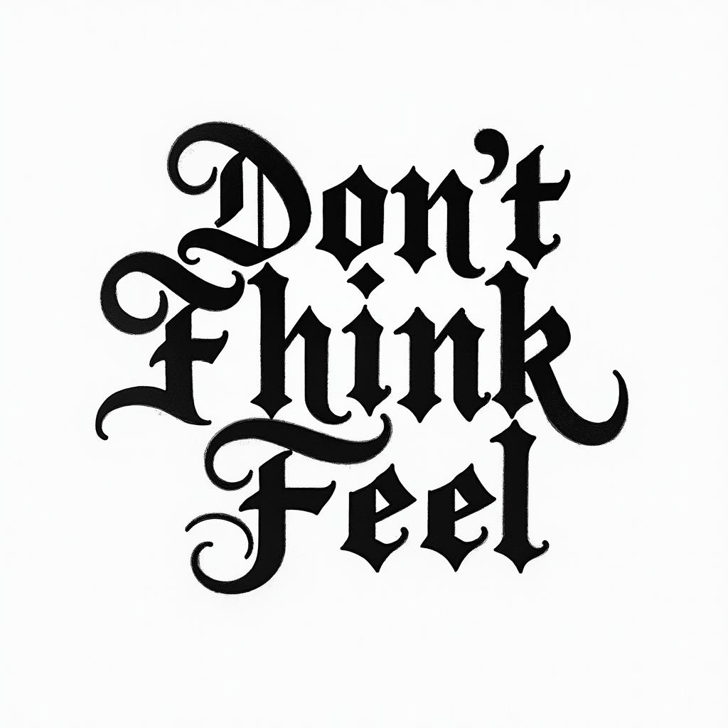 Don,t Think,Feeltext-based tattoo, gothic font ultra-realistic, perfectly placed, high-quality font design, photo-realistic shading, 8k, high quality, finely detailed typography - Variation 4