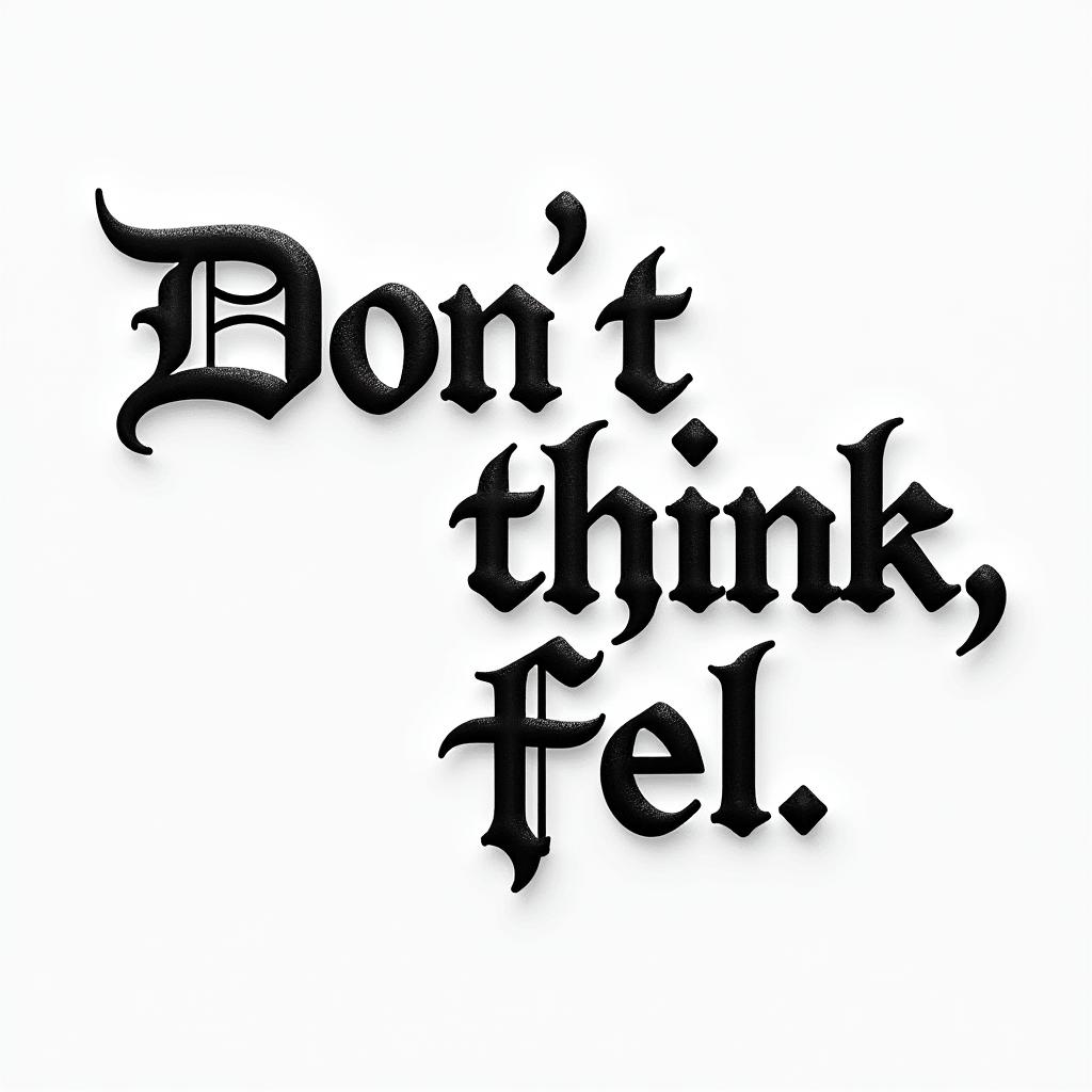 Don,t Think,Feeltext-based tattoo, gothic font ultra-realistic, perfectly placed, high-quality font design, photo-realistic shading, 8k, high quality, finely detailed typography - Variation 2