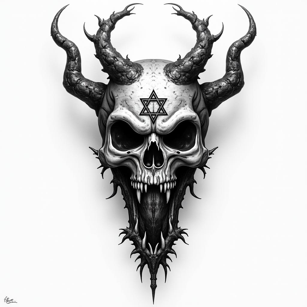 Treecreepy horror tattoo style, featuring an eerie and unsettling skull of a demonic creature, distorted face with sharp fangs, add pentagram symbol