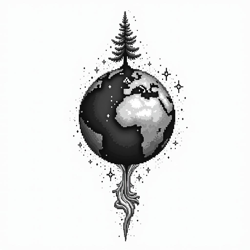 Earth wind air fire space timein 8-bit tattoo style, minimalistic pixel style tattoo, pixel art with simplified shapes and retro gaming visuals, inspired by 8-bit pixel based detailing - Variation 2