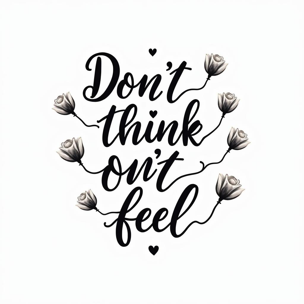 Don,t Think,Feelin elegant cursive calligraphy style 2d tattoo, decorate with roses, featuring a smooth and flowing handwritten script with slightly thickened strokes for a luxurious and bold appearance,  heart symbol between names,  sleek and glossy black text with shadowing, minimalist matte white background, clean and sharp edges, illuminated with soft lighting, romantic, 8k, high-quality textures with refined typography - Variation 12