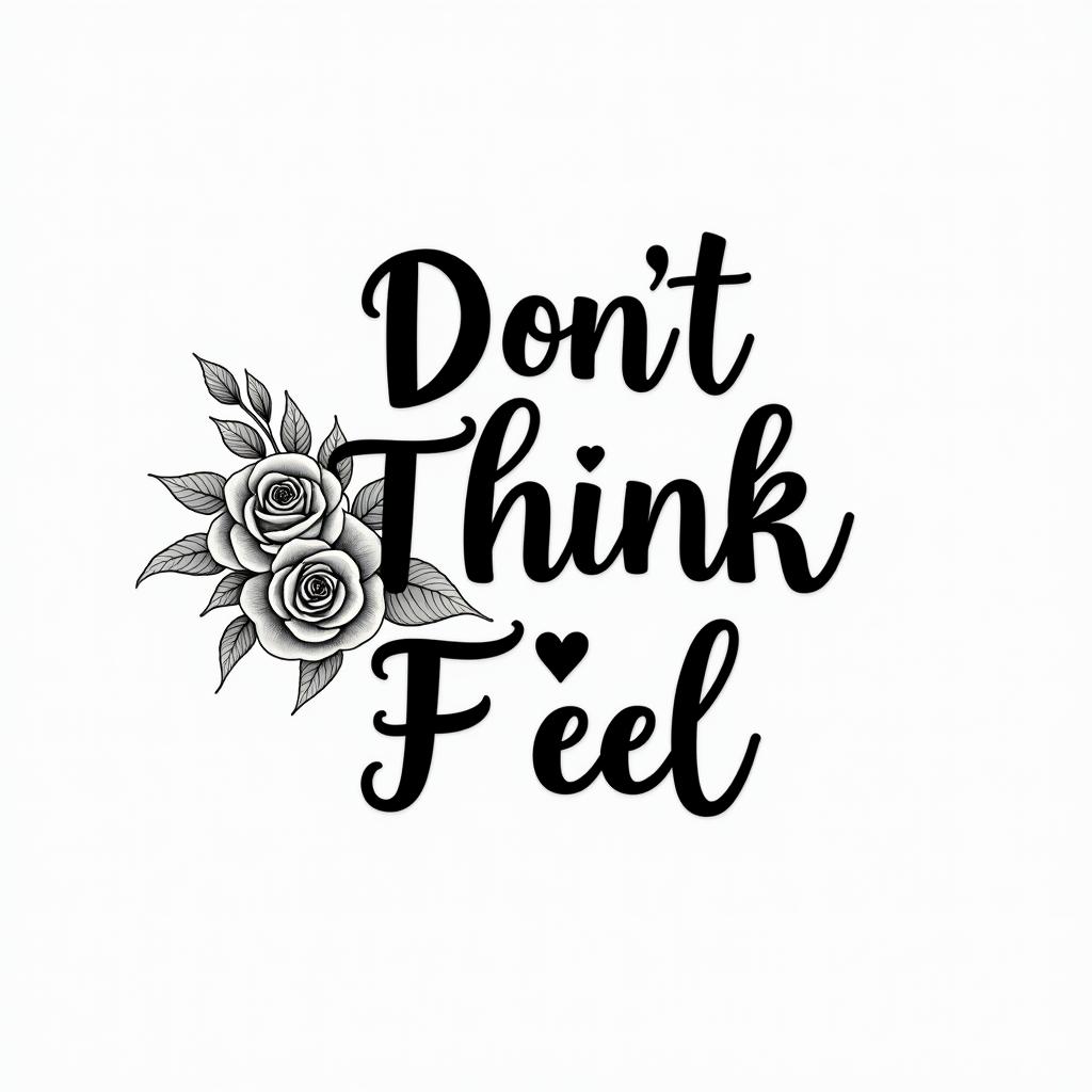 Don,t Think,Feelin elegant cursive calligraphy style 2d tattoo, decorate with roses, featuring a smooth and flowing handwritten script with slightly thickened strokes for a luxurious and bold appearance,  heart symbol between names,  sleek and glossy black text with shadowing, minimalist matte white background, clean and sharp edges, illuminated with soft lighting, romantic, 8k, high-quality textures with refined typography - Variation 9