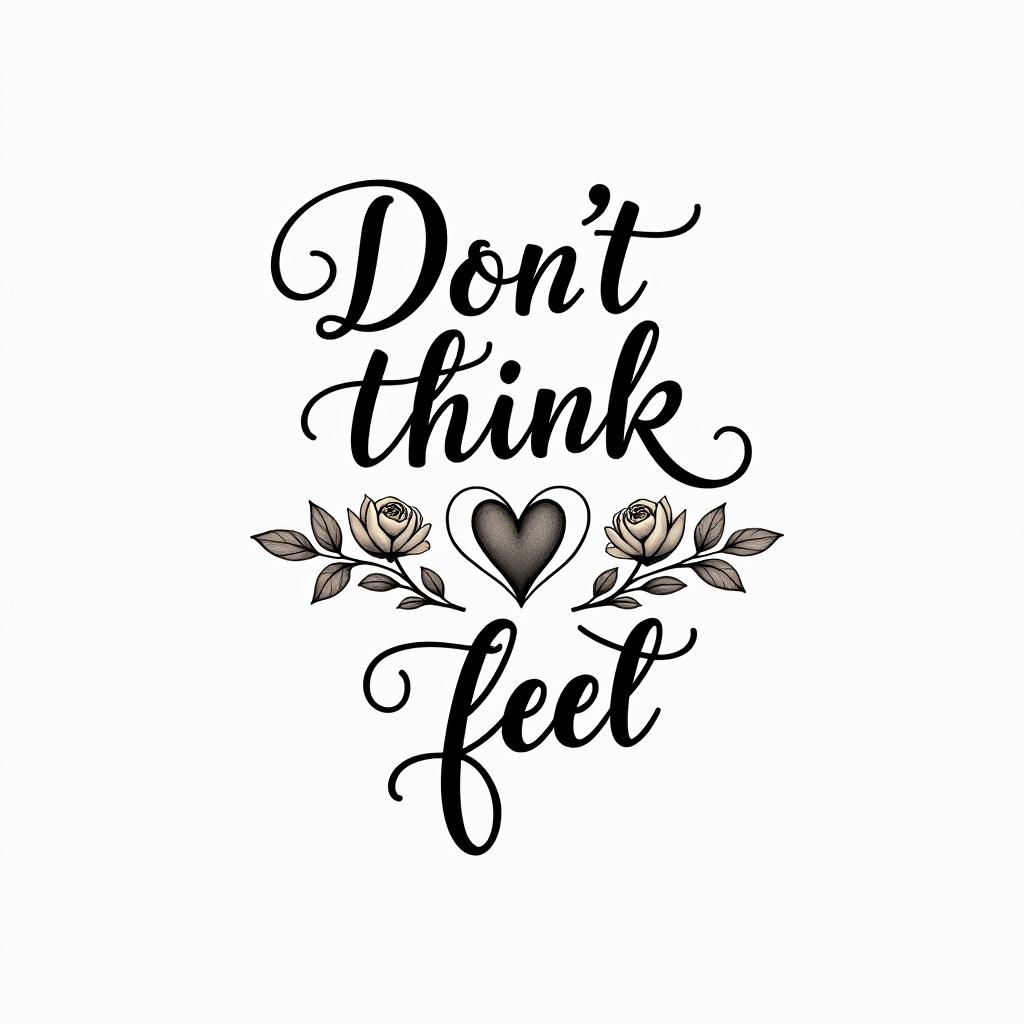 Don,t Think,Feelin elegant cursive calligraphy style 2d tattoo, decorate with roses, featuring a smooth and flowing handwritten script with slightly thickened strokes for a luxurious and bold appearance,  heart symbol between names,  sleek and glossy black text with shadowing, minimalist matte white background, clean and sharp edges, illuminated with soft lighting, romantic, 8k, high-quality textures with refined typography - Variation 10