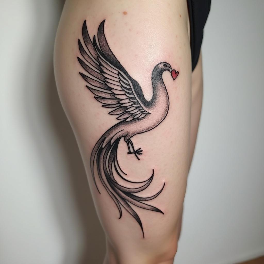 Fénix de lado com flecha no bico e cauda adornadain Modest style tattoo, featuring soft, delicate line work with simple and meaningful symbols, gentle waves, a heart, evoking a sense of serenity and grace, - Variation 4