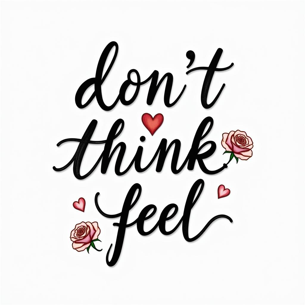 Don,t Think,Feelin elegant cursive calligraphy style 2d tattoo, decorate with roses, featuring a smooth and flowing handwritten script with slightly thickened strokes for a luxurious and bold appearance,  heart symbol between names,  sleek and glossy black text with shadowing, minimalist matte white background, clean and sharp edges, illuminated with soft lighting, romantic, 8k, high-quality textures with refined typography - Variation 7