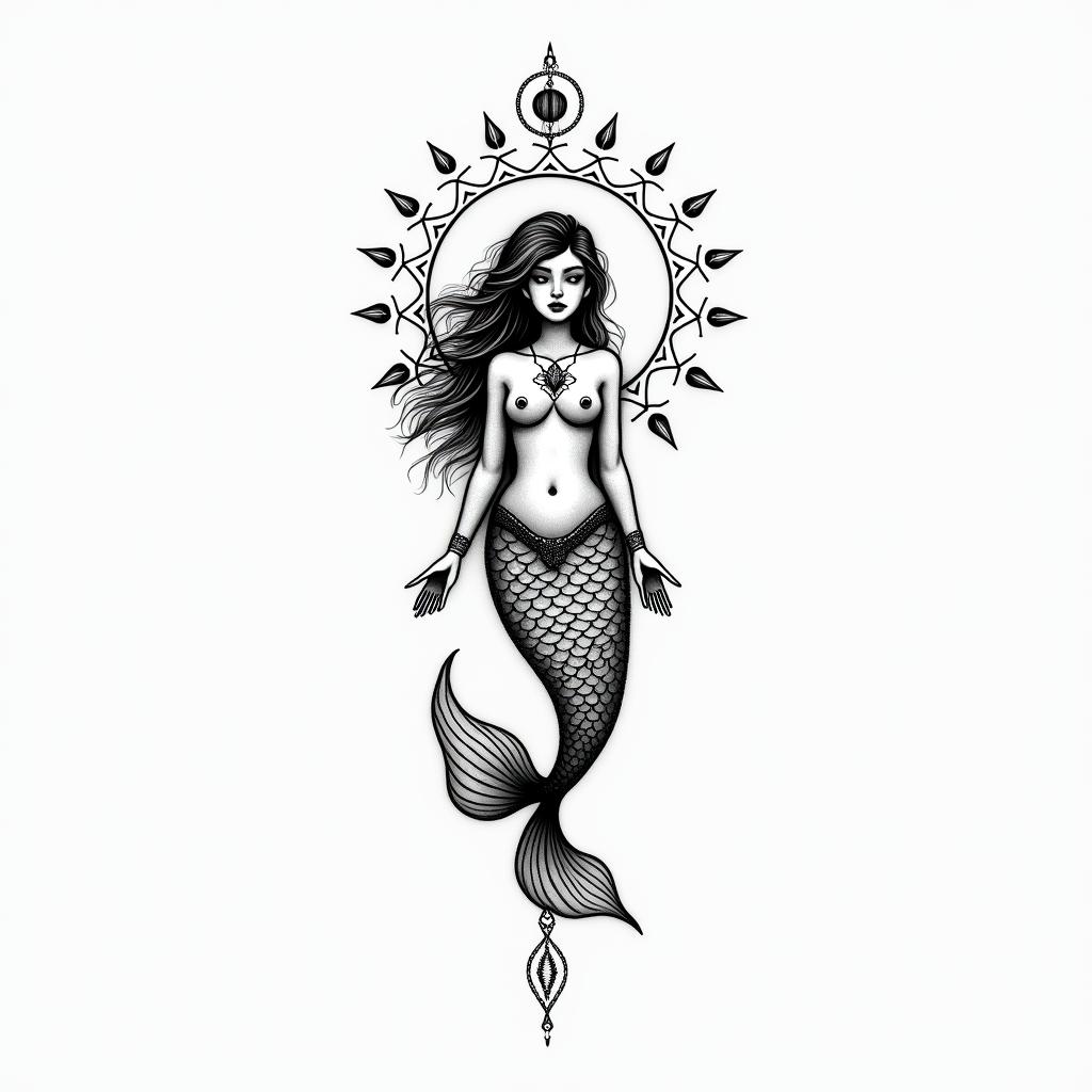 5th dimension mermaidin spiritual symbols tattoo style, featuring an intricate design incorporating elements, Hamsa hand, third eye, minimalist composition - Variation 4