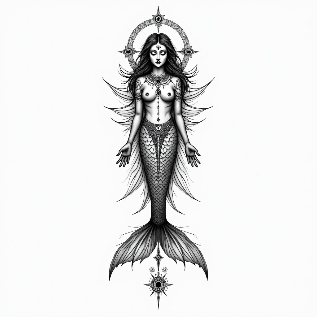 5th dimension mermaidin spiritual symbols tattoo style, featuring an intricate design incorporating elements, Hamsa hand, third eye, minimalist composition - Variation 2