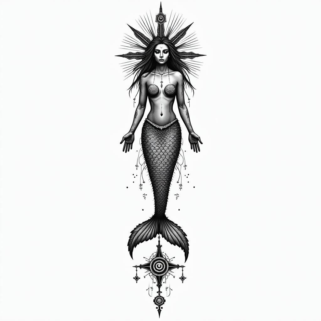 5th dimension mermaidin spiritual symbols tattoo style, featuring an intricate design incorporating elements, Hamsa hand, third eye, minimalist composition