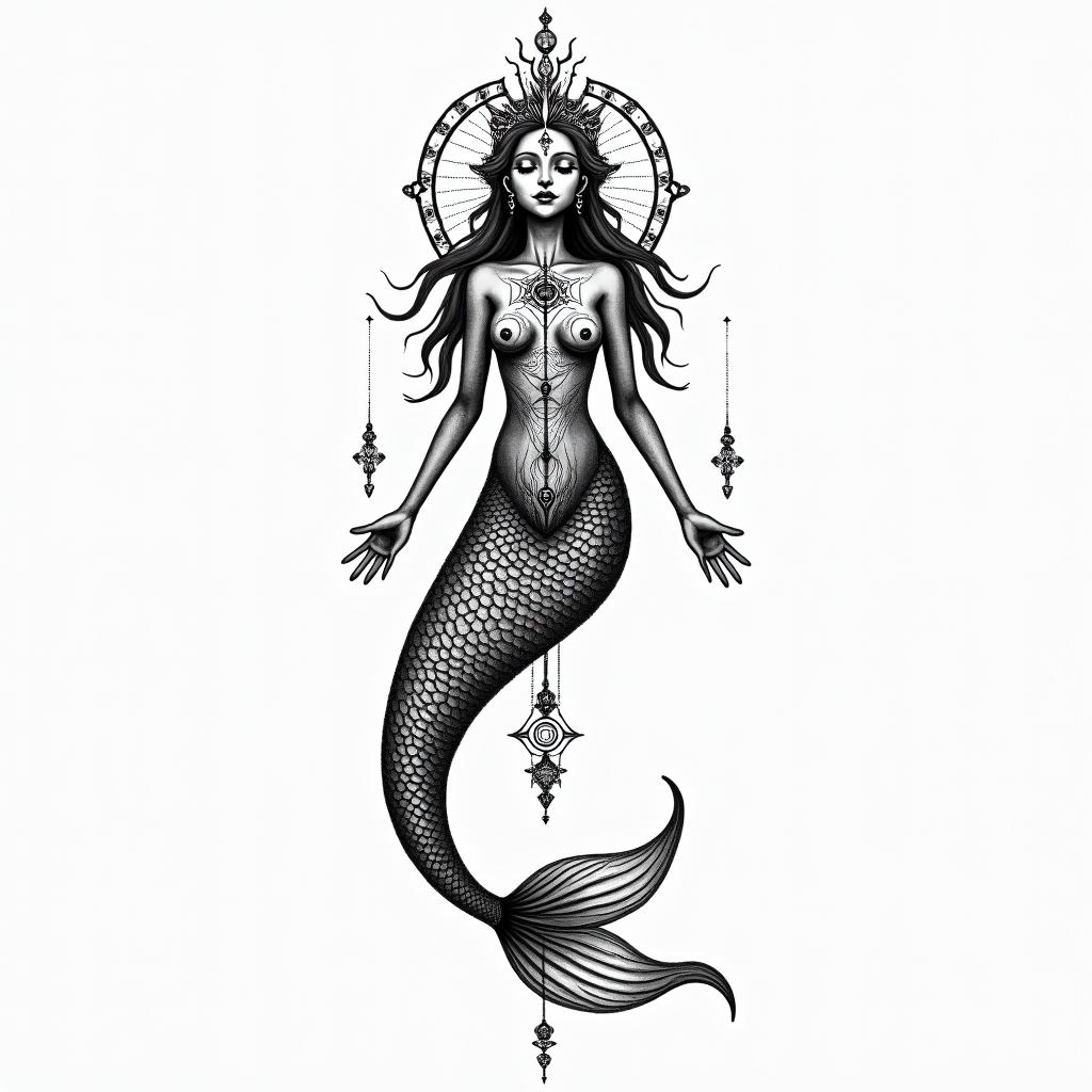 5th dimension mermaidin spiritual symbols tattoo style, featuring an intricate design incorporating elements, Hamsa hand, third eye, minimalist composition - Variation 3