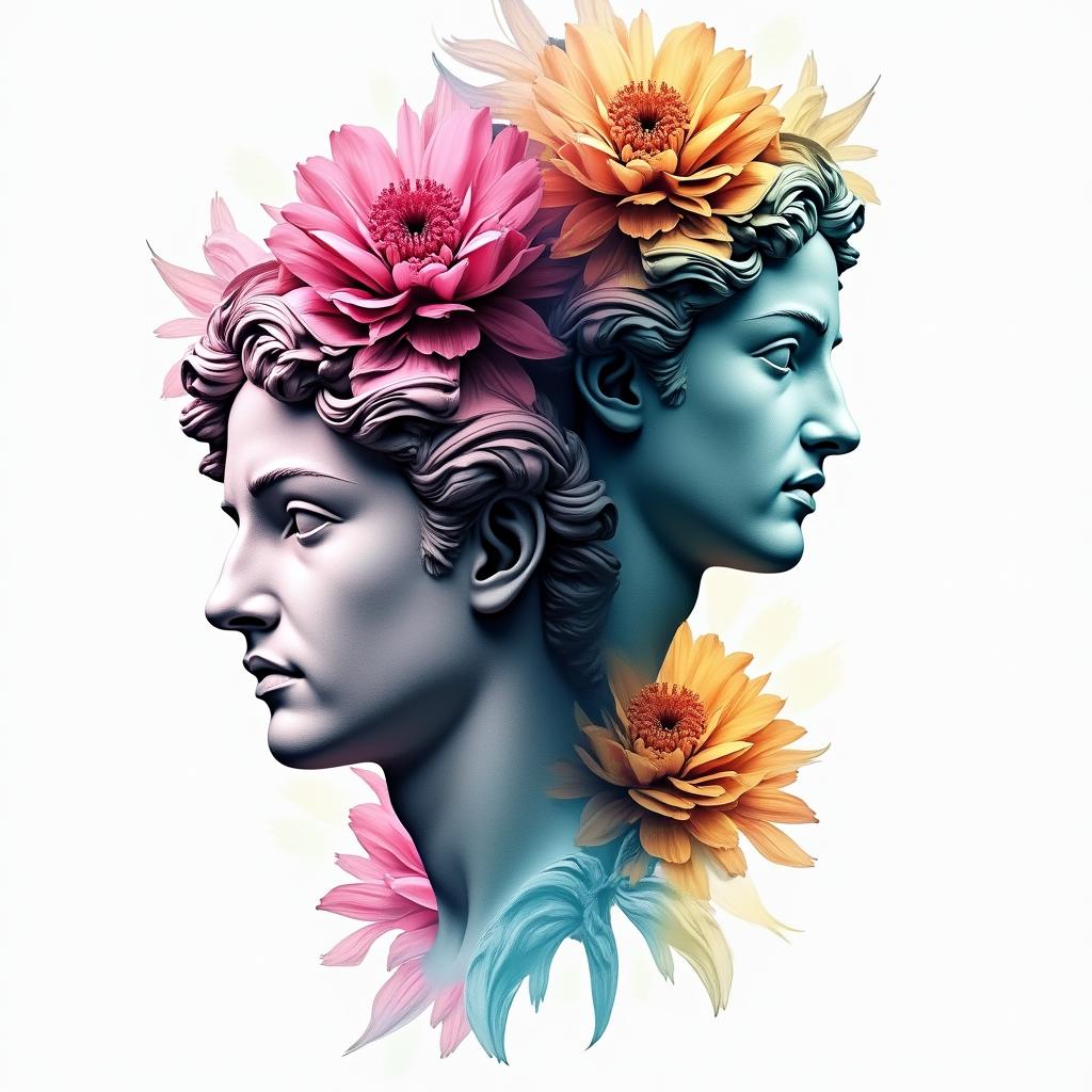 Two flowersin distorted and fragmented tattoo design, featuring a classical statue bust, in a glitch art style with vibrant, overlapping colors of cyan, magenta, and yellow, creating a digital distortion effect - Variation 2