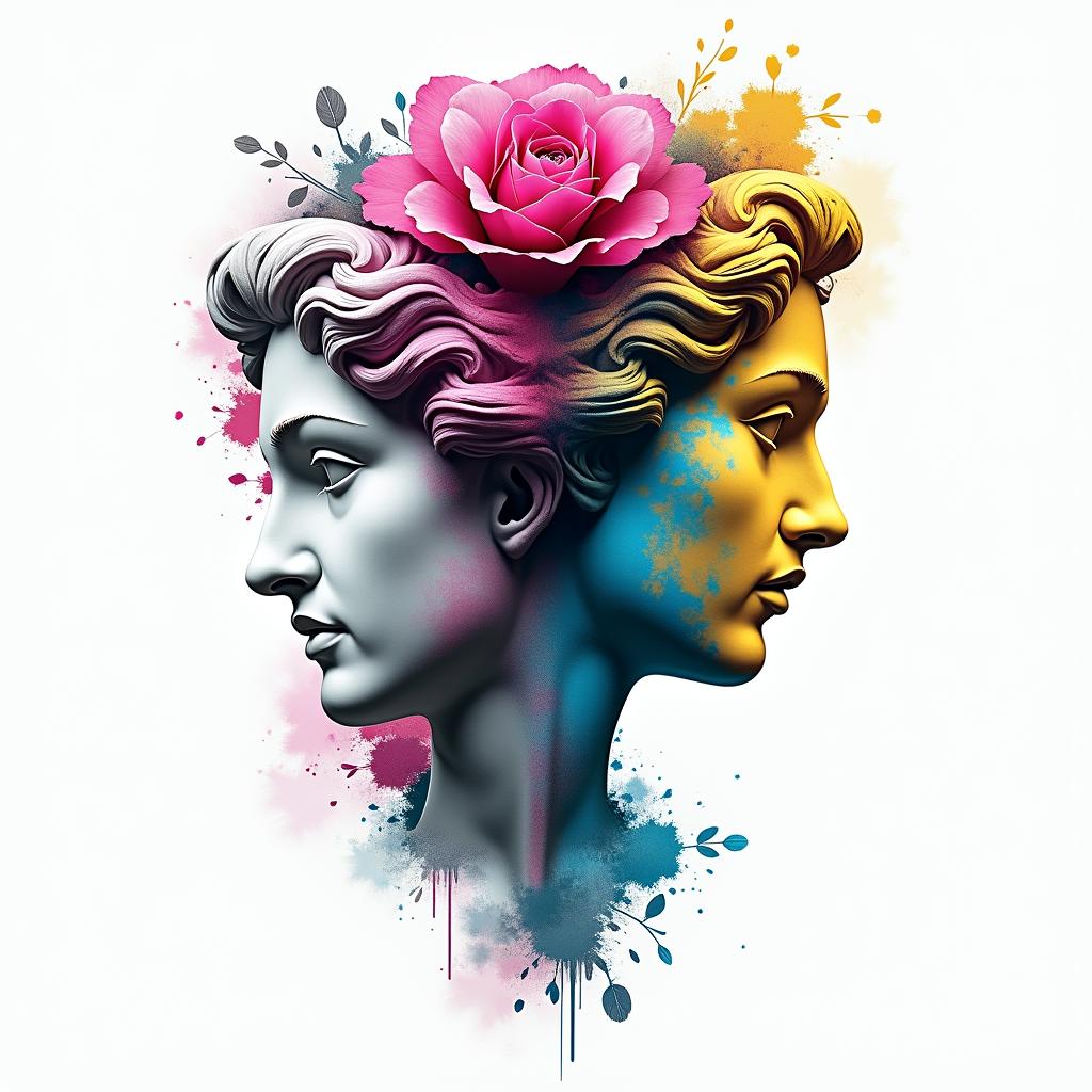 Two flowersin distorted and fragmented tattoo design, featuring a classical statue bust, in a glitch art style with vibrant, overlapping colors of cyan, magenta, and yellow, creating a digital distortion effect