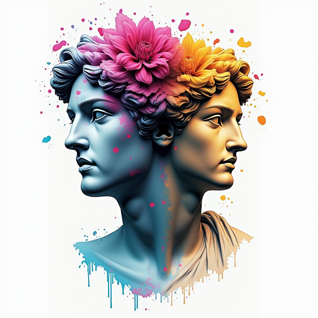 Two flowersin distorted and fragmented tattoo design, featuring a classical statue bust, in a glitch art style with vibrant, overlapping colors of cyan, magenta, and yellow, creating a digital distortion effect - Variation 4
