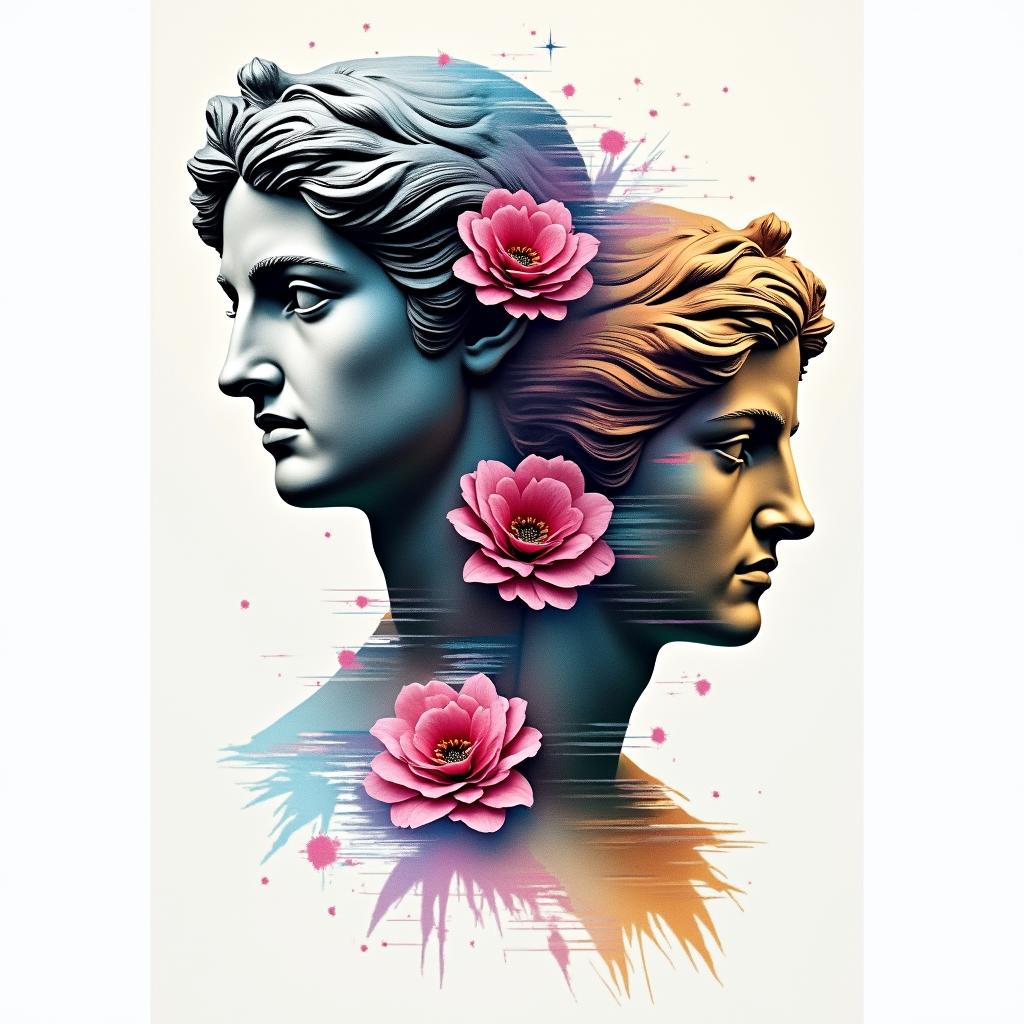 Two flowersin distorted and fragmented tattoo design, featuring a classical statue bust, in a glitch art style with vibrant, overlapping colors of cyan, magenta, and yellow, creating a digital distortion effect - Variation 3