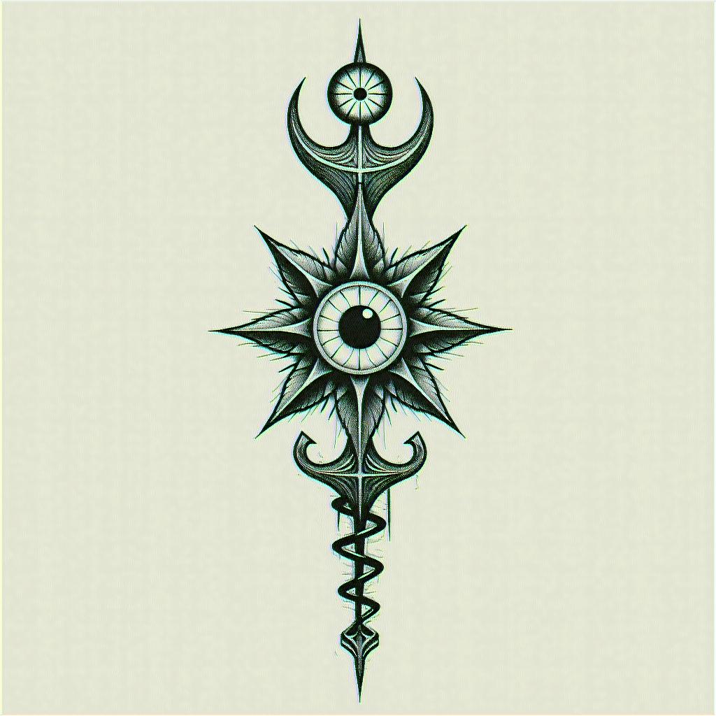 Kira Sagittariusin spiritual symbols tattoo style, featuring an intricate design incorporating elements, Hamsa hand, third eye, minimalist composition - Variation 4