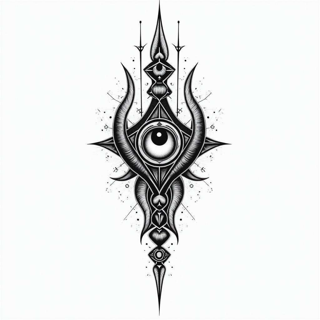 Kira Sagittariusin spiritual symbols tattoo style, featuring an intricate design incorporating elements, Hamsa hand, third eye, minimalist composition - Variation 3