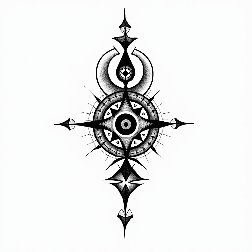 Kira Sagittariusin spiritual symbols tattoo style, featuring an intricate design incorporating elements, Hamsa hand, third eye, minimalist composition