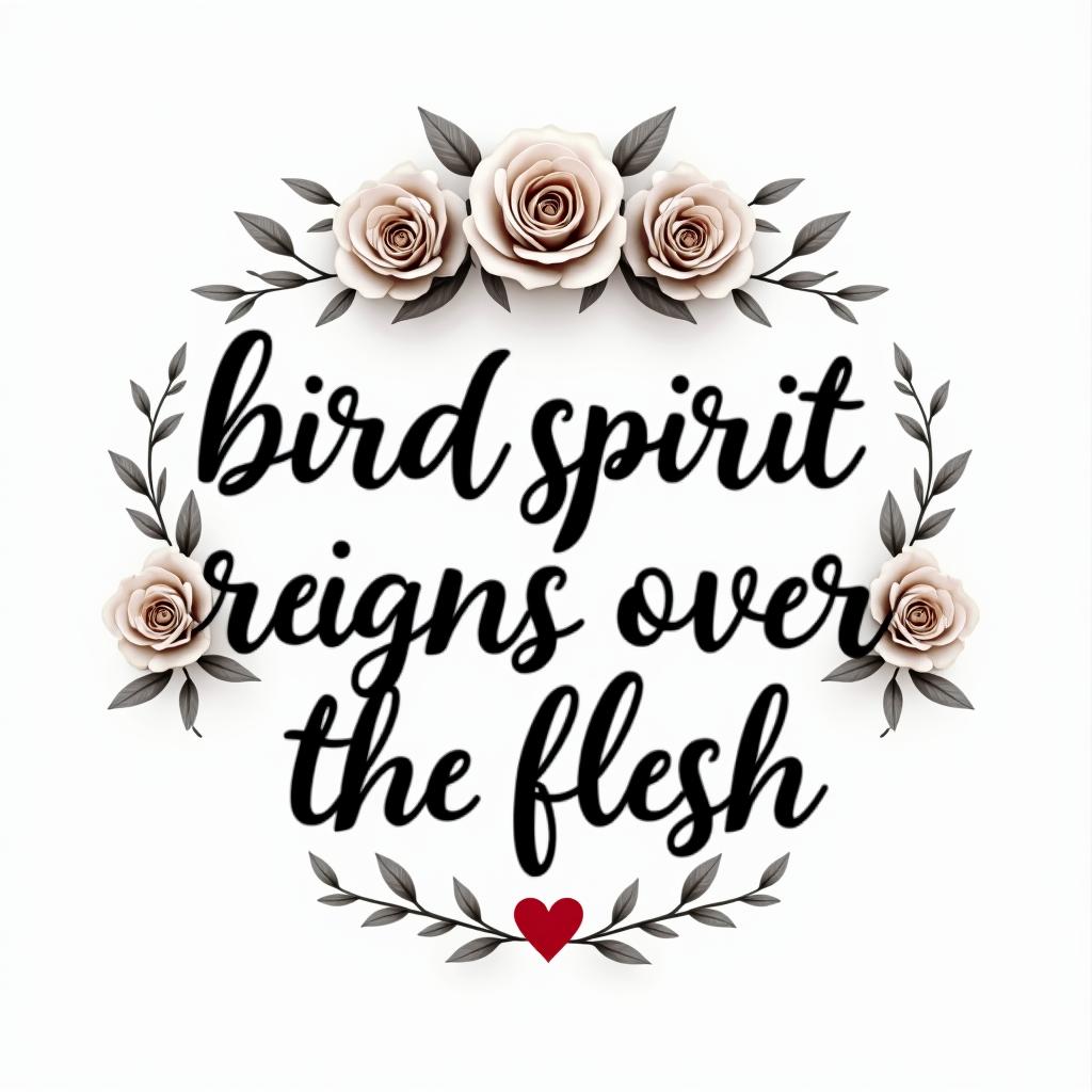And the spirit reigns over the flesh.in elegant cursive calligraphy style 2d tattoo, decorate with roses, featuring a smooth and flowing handwritten script with slightly thickened strokes for a luxurious and bold appearance, heart symbol between names, sleek and glossy black text with shadowing, minimalist matte white background, clean and sharp edges, illuminated with soft lighting, romantic, 8k, high-quality textures with refined typography - Variation 4