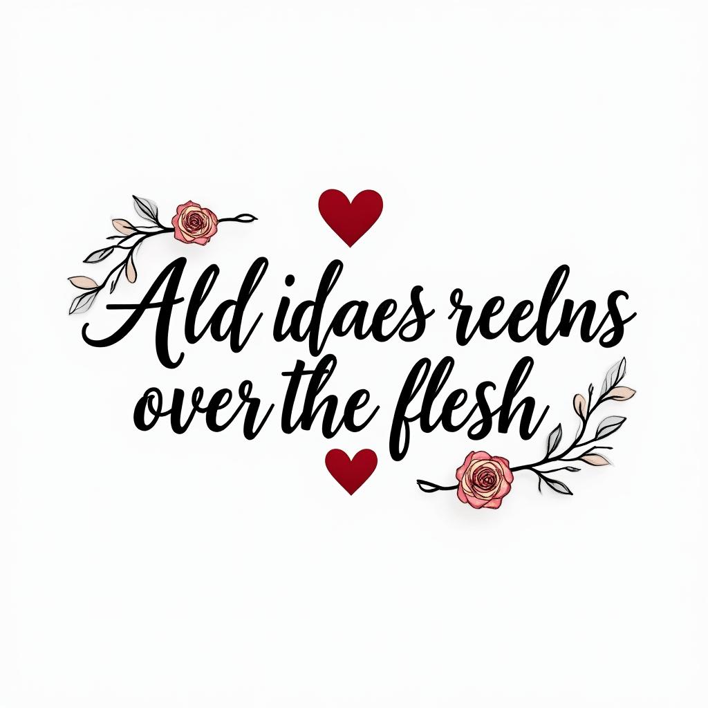 And the spirit reigns over the flesh.in elegant cursive calligraphy style 2d tattoo, decorate with roses, featuring a smooth and flowing handwritten script with slightly thickened strokes for a luxurious and bold appearance,  heart symbol between names,  sleek and glossy black text with shadowing, minimalist matte white background, clean and sharp edges, illuminated with soft lighting, romantic, 8k, high-quality textures with refined typography