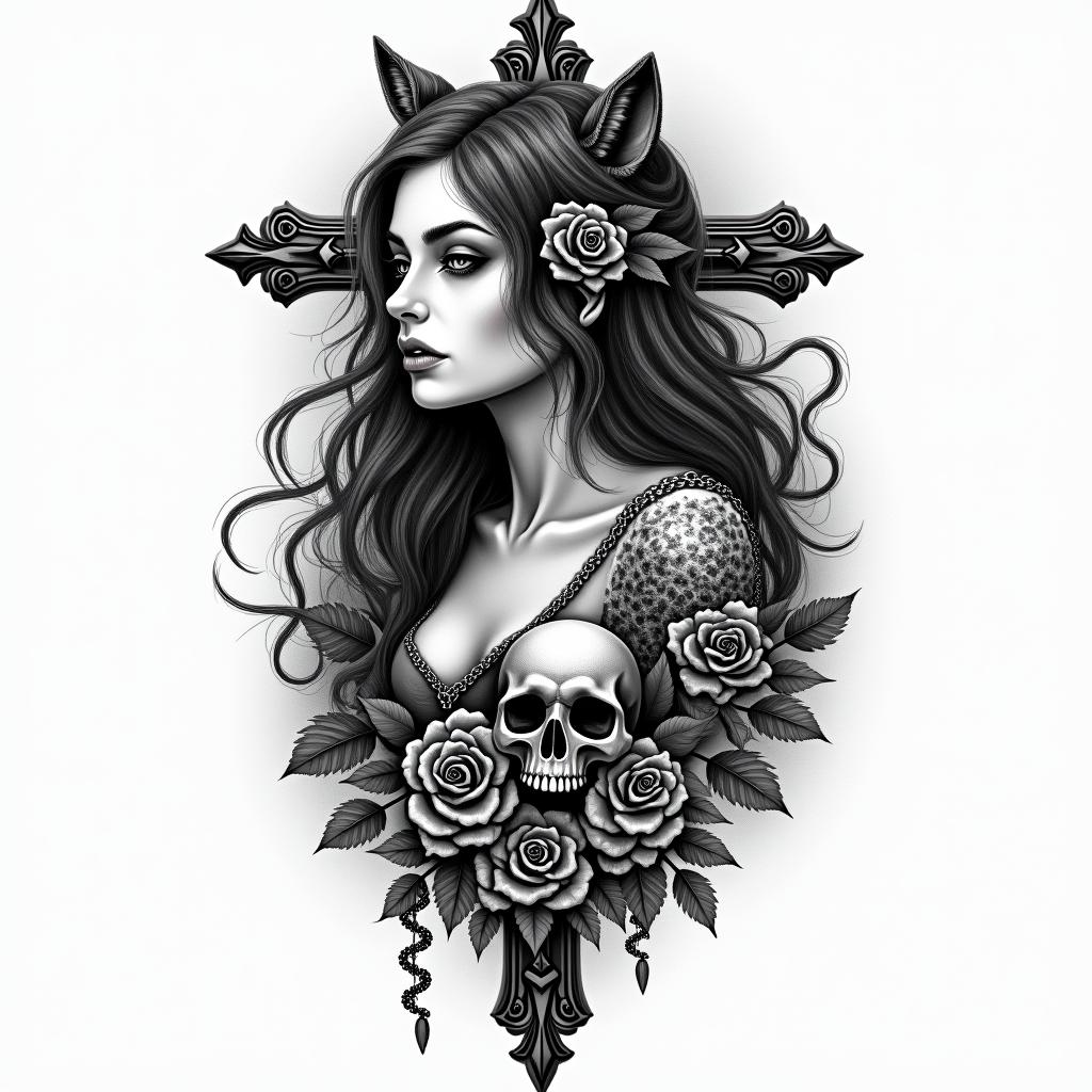 Girl with a wolfin chicano style tattoo, featuring intricate black and grey shading, bold elements of traditional chicano culture symbols, add a big cross with skull, chains and roses - Variation 2