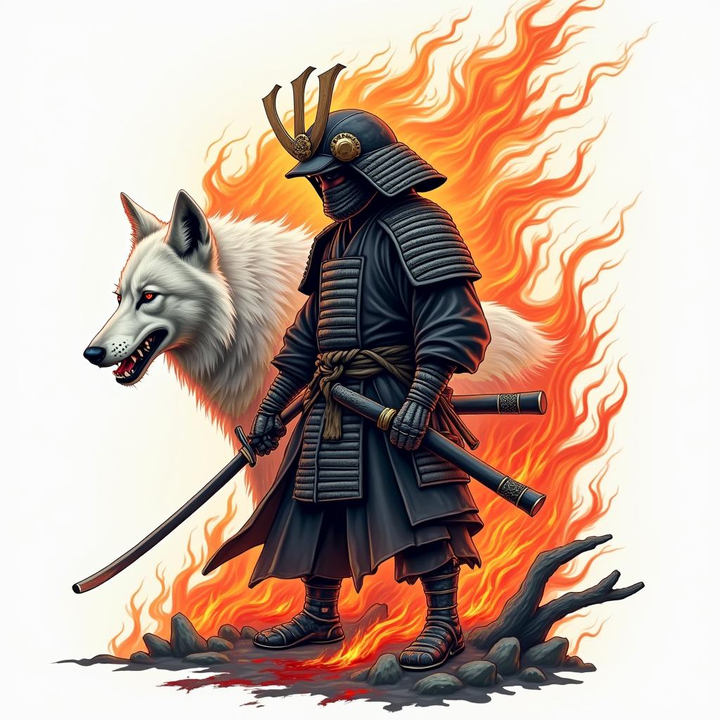 A samurai and a white wolf behind the samurai a dojo and the wolf with its mouth dirty with blood.in flame tattoo style showcasing fiery elements with dynamic flame patterns, glowing effect of flames, natural colors
