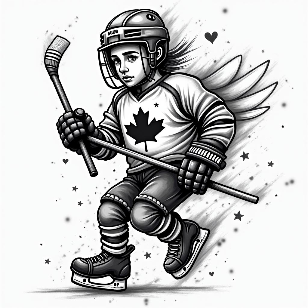 Marcus, Nathan, hockey, school Canadain graffiti style tattoo, featuring bold and dynamic street art elements, spray-paint texture with exaggerated lines and expressive, chaotic brushstrokes, intricate lettering incorporated with graffiti tags, symbols like hearts, stars, and wings - Variation 3