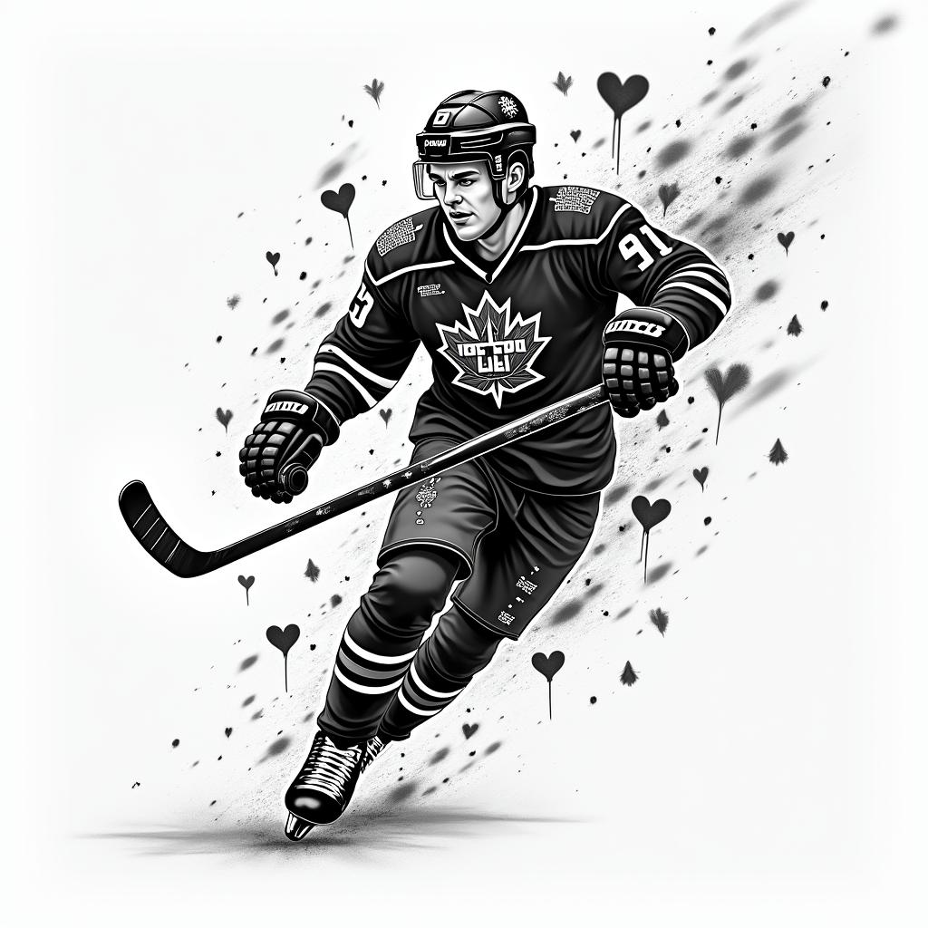 Marcus, Nathan, hockey, school Canadain graffiti style tattoo, featuring bold and dynamic street art elements, spray-paint texture with exaggerated lines and expressive, chaotic brushstrokes, intricate lettering incorporated with graffiti tags, symbols like hearts, stars, and wings