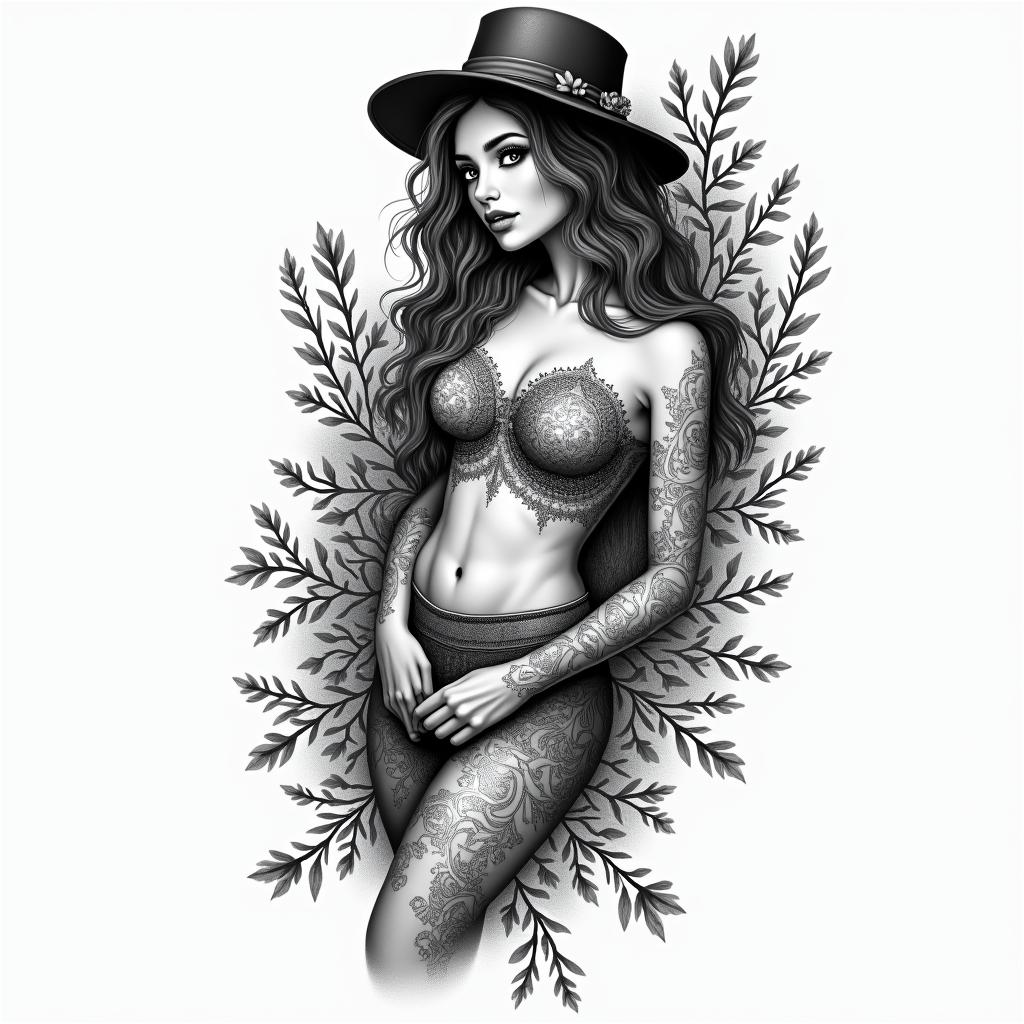 Girly sexyin bohemian style tattoo, 8k - Variation 3