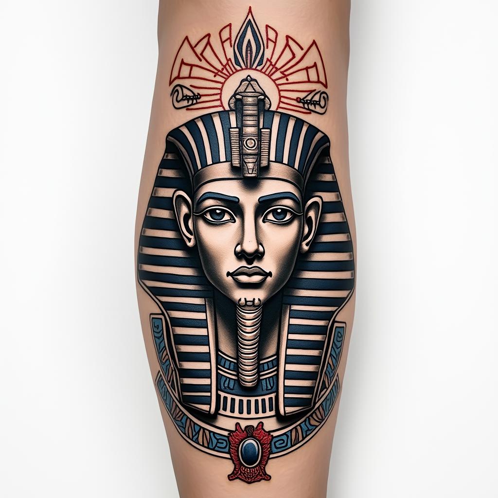 Name Rico on wrist using negative skin color with red outline street feelin egyptian style tattoo, bold elements of ancient egyptian culture including a portrait of an Egyptian pharaoh with detailed facial features, in hieroglyphs and symbolic imagery, eye of horus, ankh symbol, scarab beetle - Variation 2