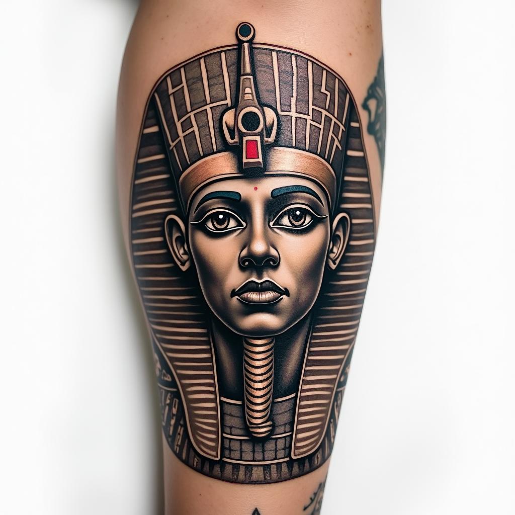 Name Rico on wrist using negative skin color with red outline street feelin egyptian style tattoo, bold elements of ancient egyptian culture including a portrait of an Egyptian pharaoh with detailed facial features, in hieroglyphs and symbolic imagery, eye of horus, ankh symbol, scarab beetle - Variation 4