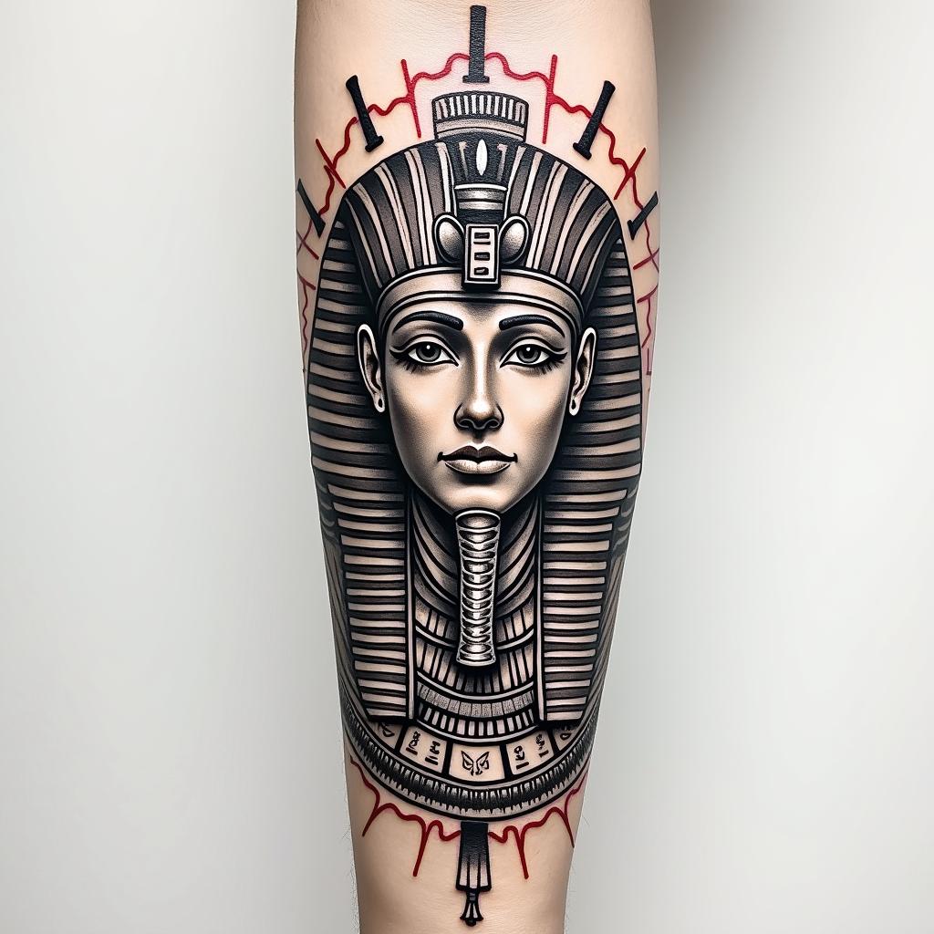 Name Rico on wrist using negative skin color with red outline street feelin egyptian style tattoo, bold elements of ancient egyptian culture including a portrait of an Egyptian pharaoh with detailed facial features, in hieroglyphs and symbolic imagery, eye of horus, ankh symbol, scarab beetle - Variation 3