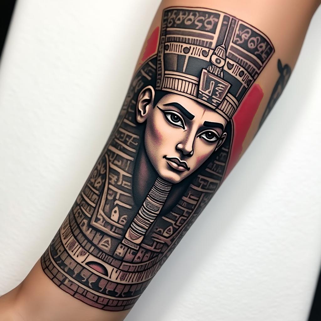 Name Rico on wrist using negative skin color with red outline street feelin egyptian style tattoo, bold elements of ancient egyptian culture including a portrait of an Egyptian pharaoh with detailed facial features, in hieroglyphs and symbolic imagery, eye of horus, ankh symbol, scarab beetle