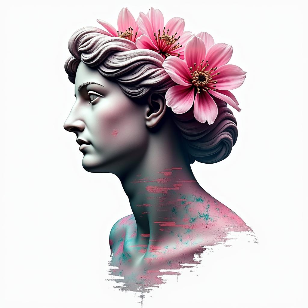 Two cherry blossomsin distorted and fragmented tattoo design, featuring a classical statue bust, in a glitch art style with vibrant, overlapping colors of cyan, magenta, and yellow, creating a digital distortion effect