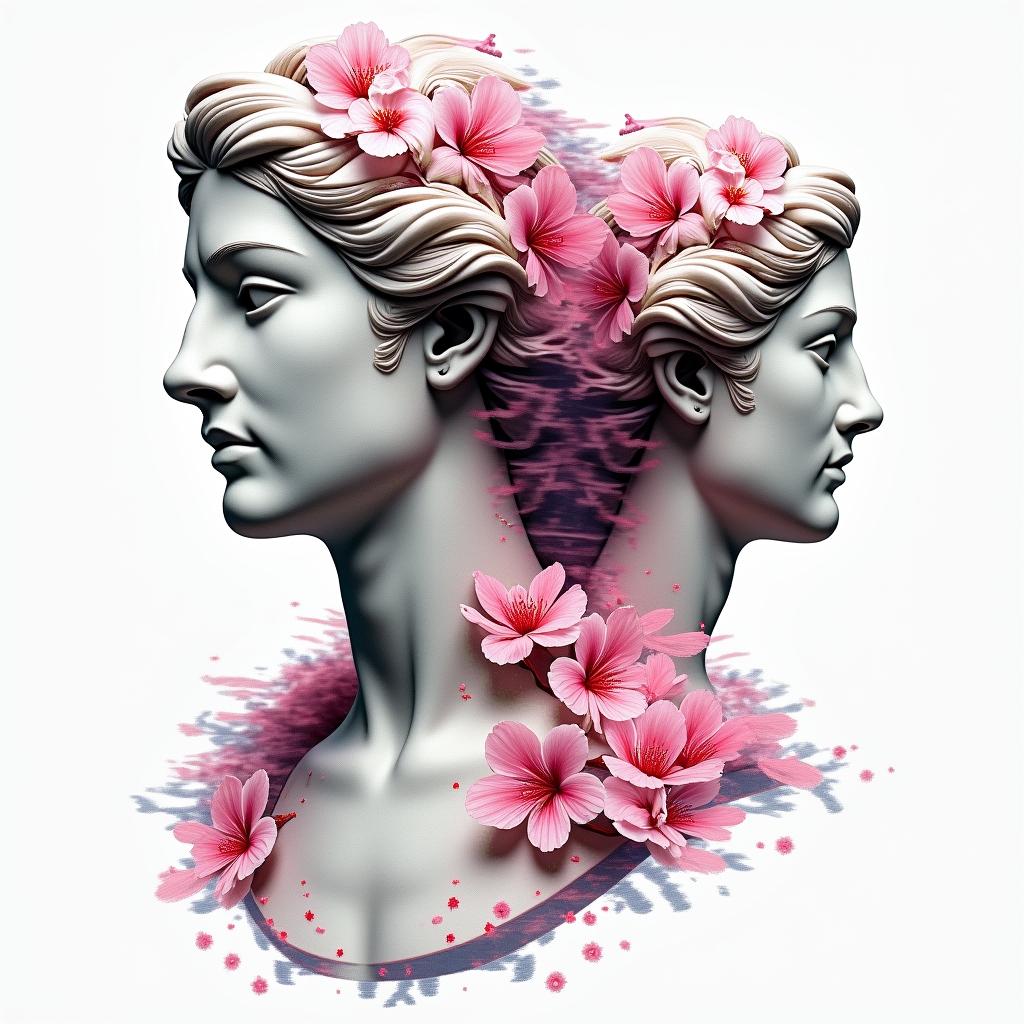 Two cherry blossomsin distorted and fragmented tattoo design, featuring a classical statue bust, in a glitch art style with vibrant, overlapping colors of cyan, magenta, and yellow, creating a digital distortion effect - Variation 4