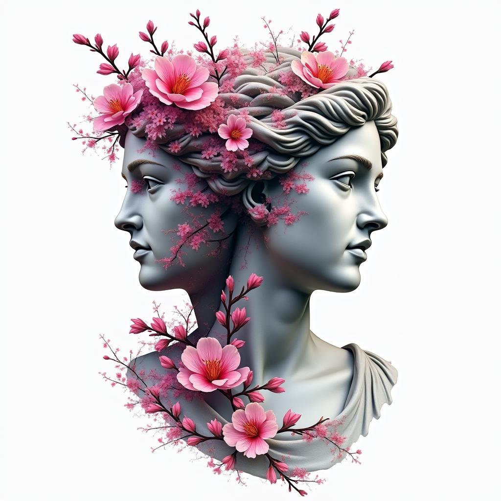 Two cherry blossomsin distorted and fragmented tattoo design, featuring a classical statue bust, in a glitch art style with vibrant, overlapping colors of cyan, magenta, and yellow, creating a digital distortion effect - Variation 3