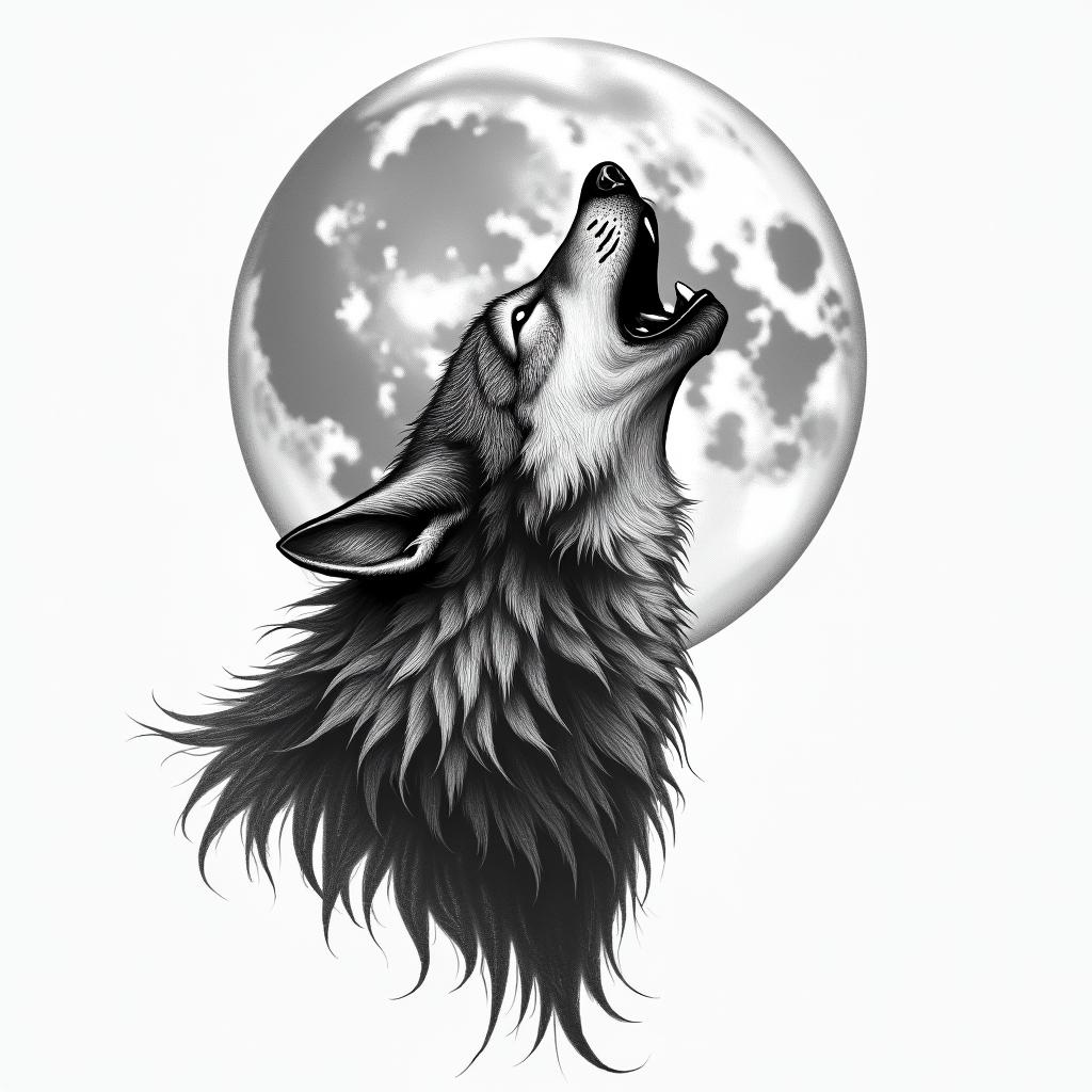 Howling wolf under a full moonhigly detailed tattoo - Variation 8