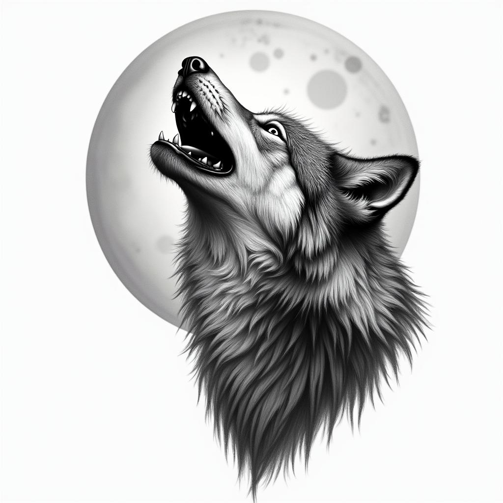 Howling wolf under a full moonhigly detailed tattoo - Variation 5