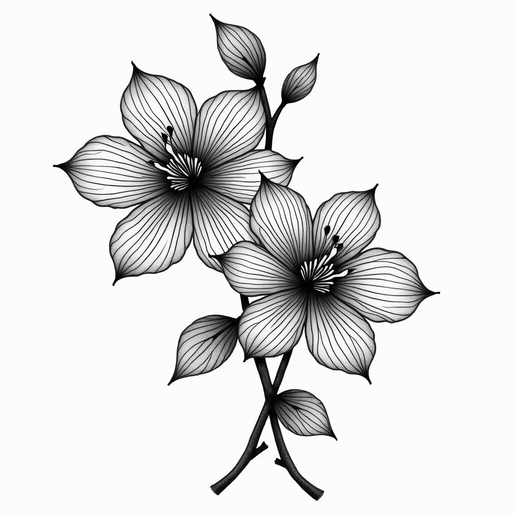 Two cherry blossoms in geometric style tattoo, blending hexagons, mandala-inspired patterns, symmetrical and fractal design, clean lines, sharp angles - Variation 4