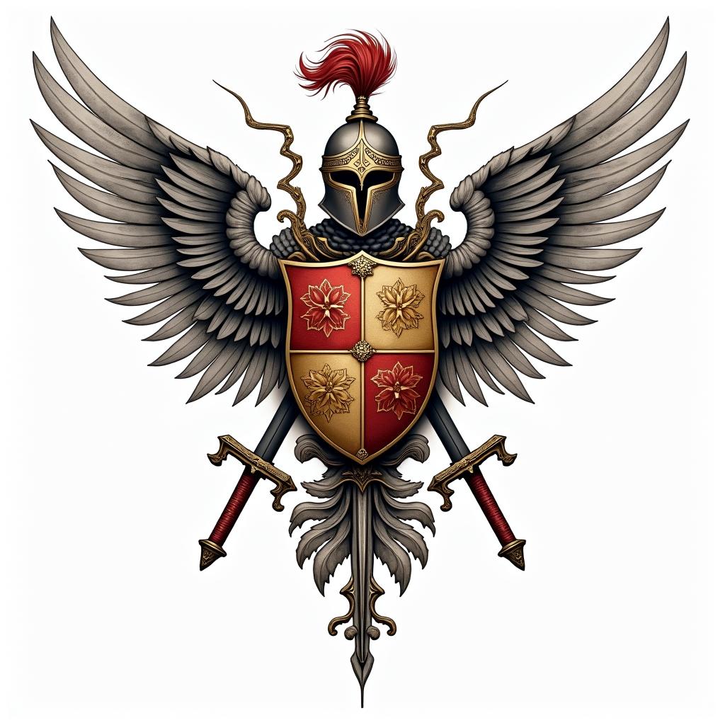Crest, gold and red quadrants, knights helmet, wings, swordsin ornamental tattoo style, featuring intricate symmetrical patterns and floral designs, showcasing highly detailed line work and geometric shapes, creating a sense of elegance and balance - Variation 8