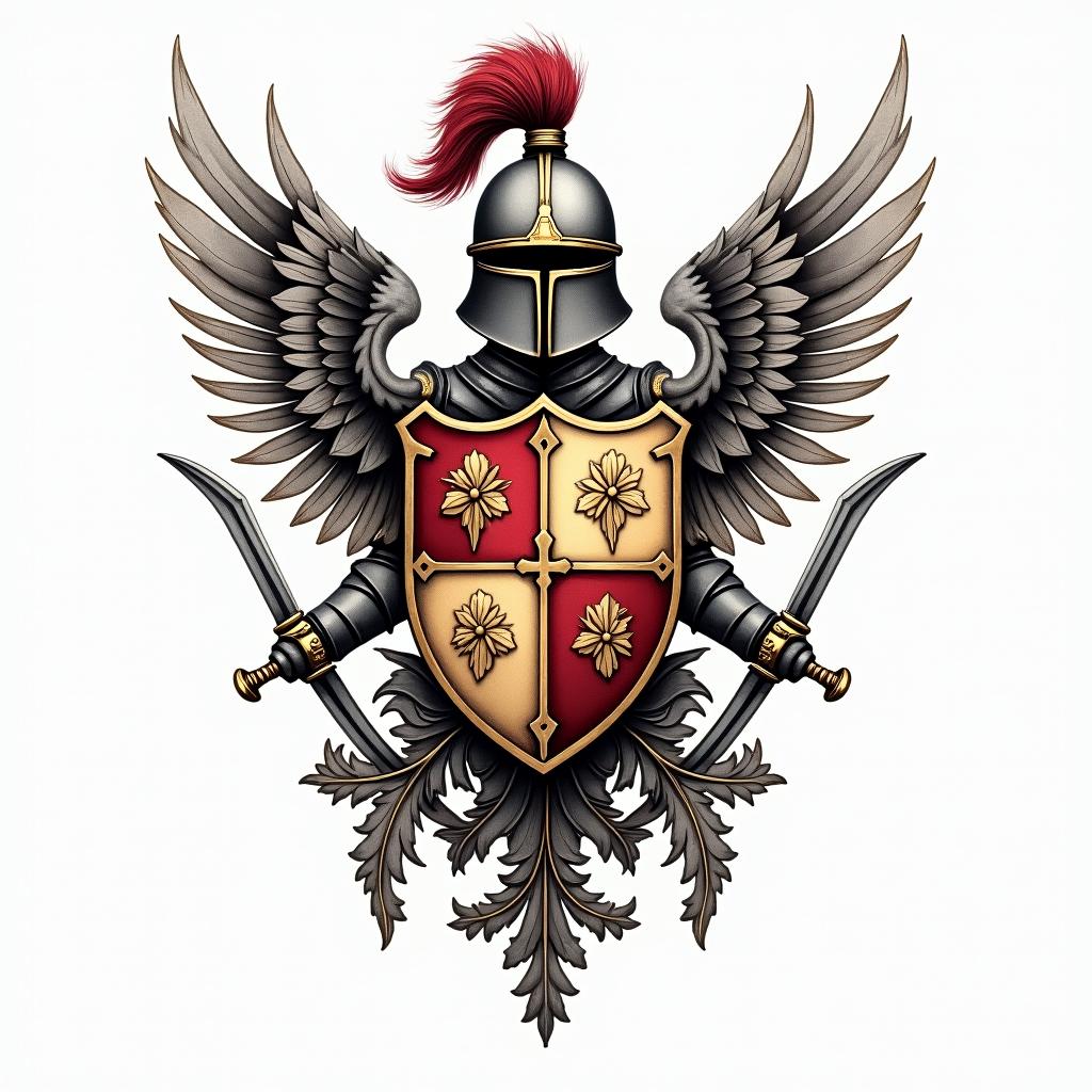 Crest, gold and red quadrants, knights helmet, wings, swordsin ornamental tattoo style, featuring intricate symmetrical patterns and floral designs, showcasing highly detailed line work and geometric shapes, creating a sense of elegance and balance - Variation 5